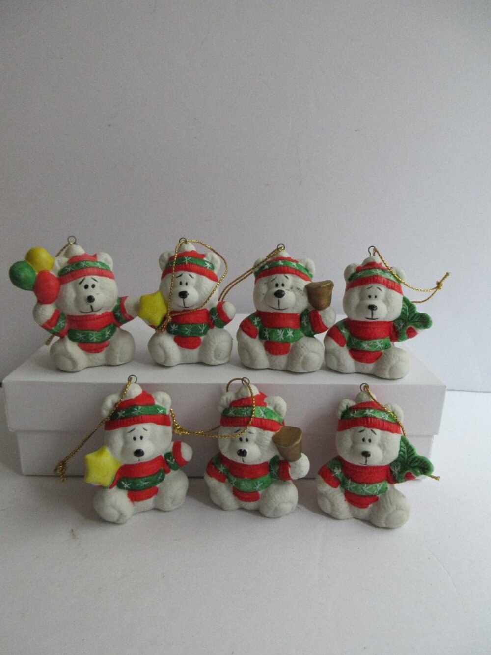 7 Brinns Snow Bears Christmas Porcelain 2" Ornaments Vintage 90s Made in Taiwan